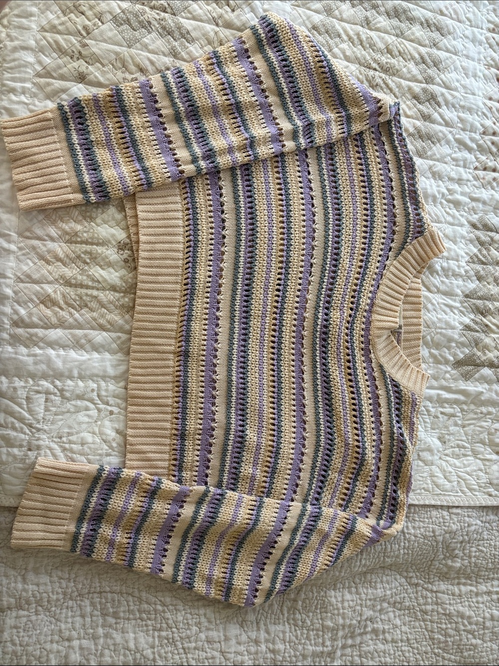 Altar'd State Striped Crochet Sweater in Cream, Lavender, Yellow and Green